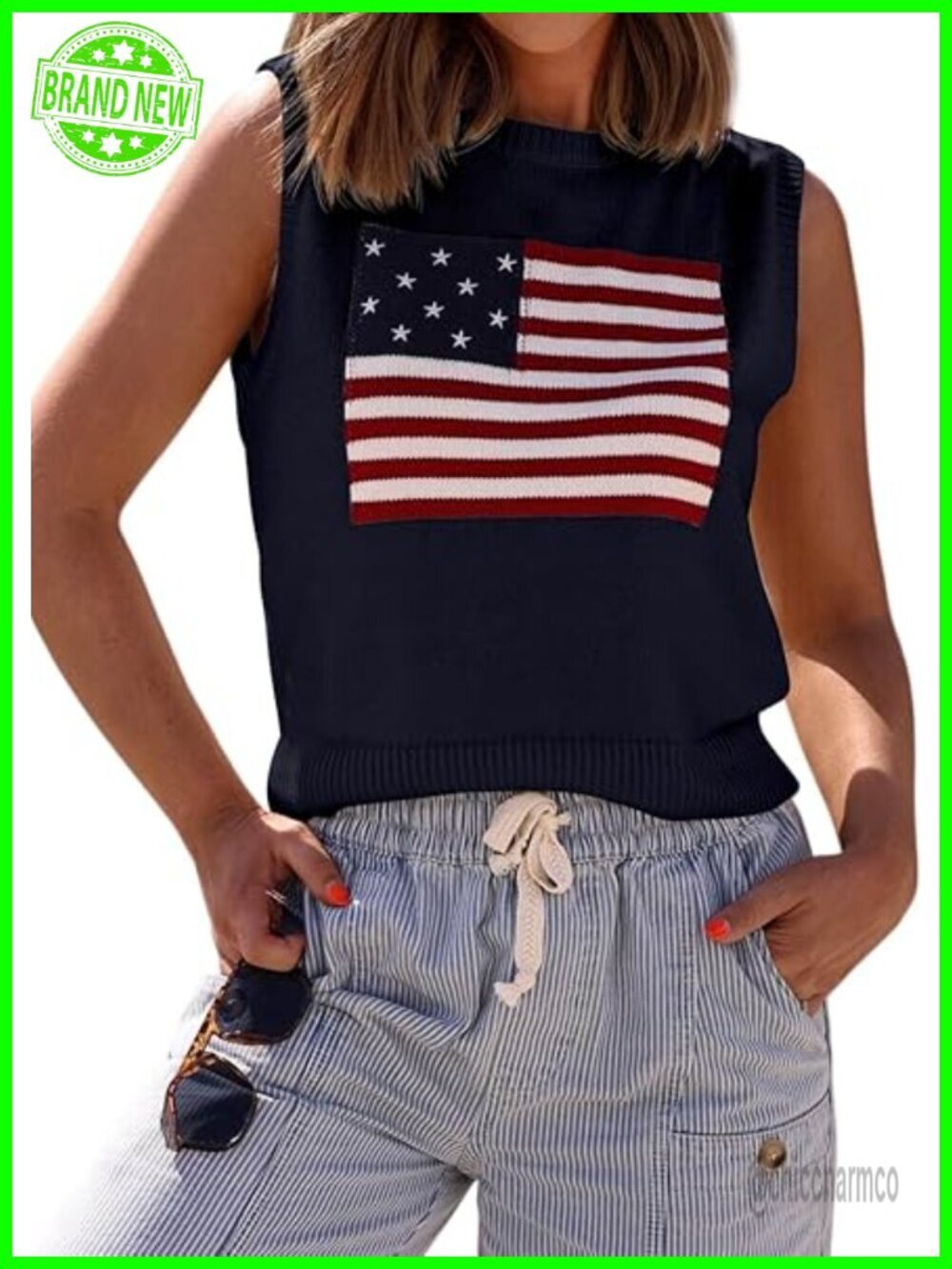 Sleeveless Knit Cropped Tank Top with American Flag Embroidery